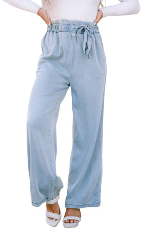 Sky Blue High Waist Pocketed Wide Leg Tencel Jeans-12
