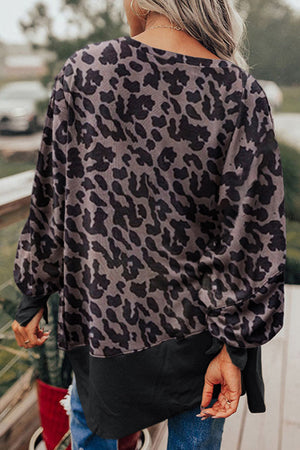 Black Leopard Patchwork Bishop Sleeve Slit Sweatshirt-1