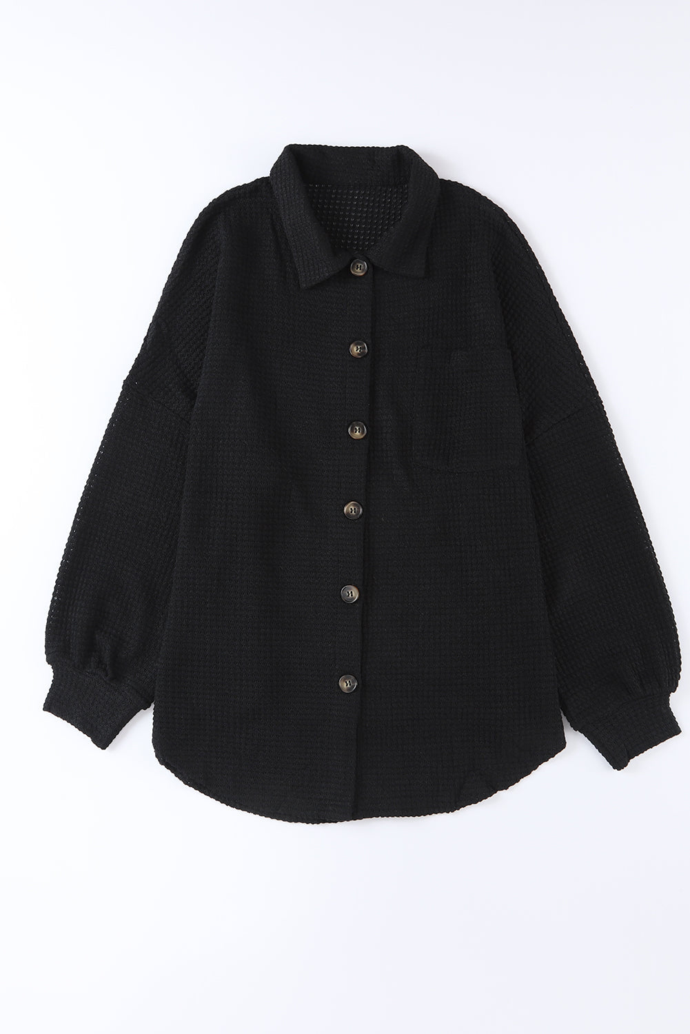 Black Waffle Knit Button Up Casual Shirt-6