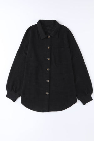 Black Waffle Knit Button Up Casual Shirt-6