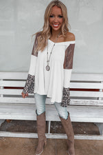 White Sequin Patchwork Bell Sleeve V Neck Tunic Top-3