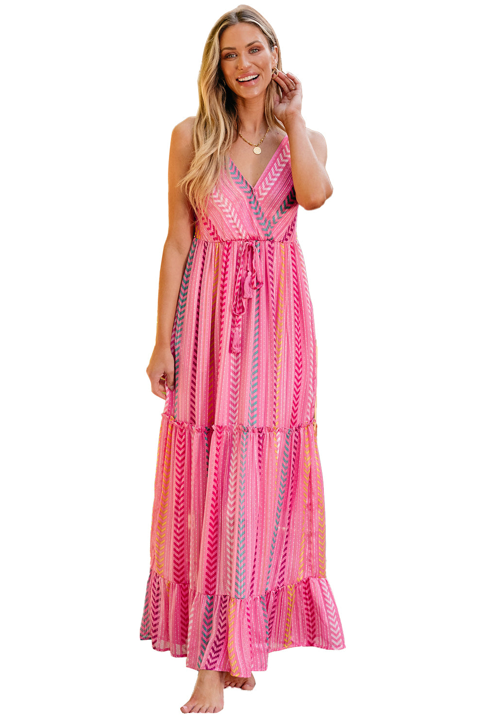 Pink Western Printed Tassel Tie V Neck Wrap Maxi Dress-18