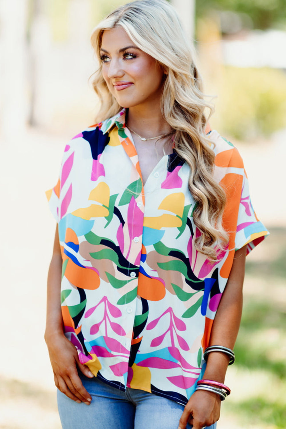 Multicolour Abstract Leafy Print Short Sleeve Shirt-4