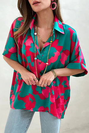 Green Abstract Print V Neck Blouse-0