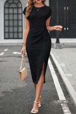 Black Textured Short Sleeve Twist Front Split Midi Dress-6