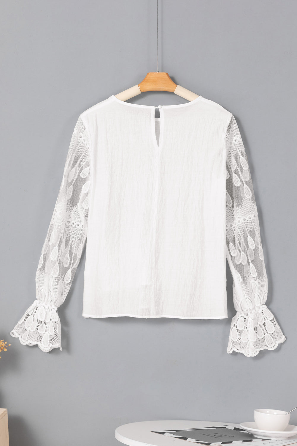 Beige Embroidered Mesh Flounce Sleeve Blouse-16