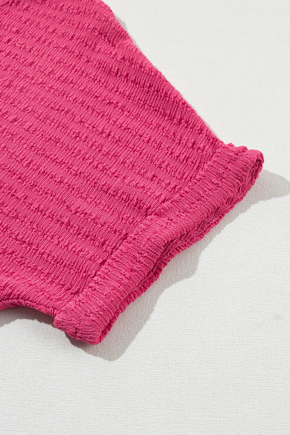 Bright Pink Textured Rolled Sleeve V Neck Tee-9