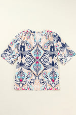 White Abstract Printed Notched V Neck Split Half Sleeve Blouse-2