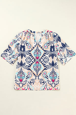 White Abstract Printed Notched V Neck Split Half Sleeve Blouse-2