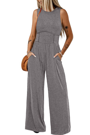 Medium Grey Cinched Waist Sleeveless Wide Leg Jumpsuit-8