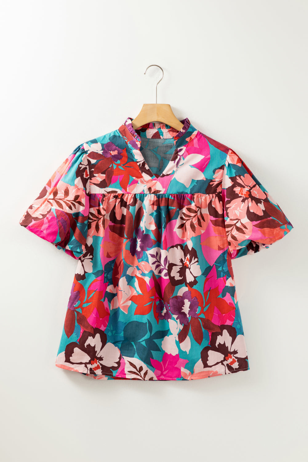 Rose Red Floral Print Puff Sleeve Notched V Neck Blouse-4