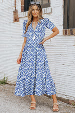 Sky Blue V Neck Casual Geometric Print Maxi Dress-2