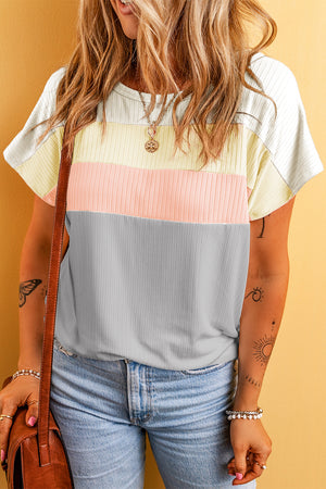 Gray Ribbed Color Block Patchwork T-shirt-2