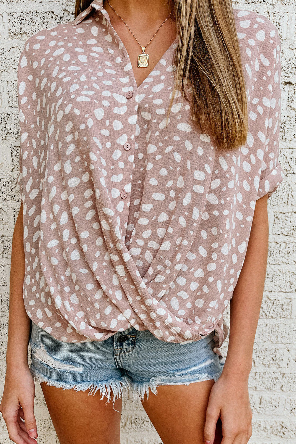 Pink Leopard Printed Short Sleeves Twist Shirt-2