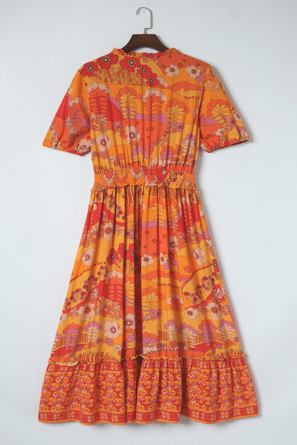 Orange Boho Floral Smocked Waist Maxi Dress with Slit-8