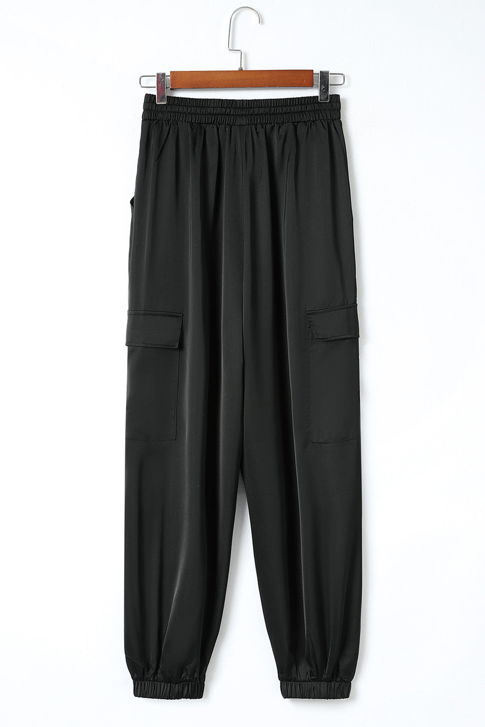 Black Satin Pocketed Drawstring Elastic Waist Pants-10