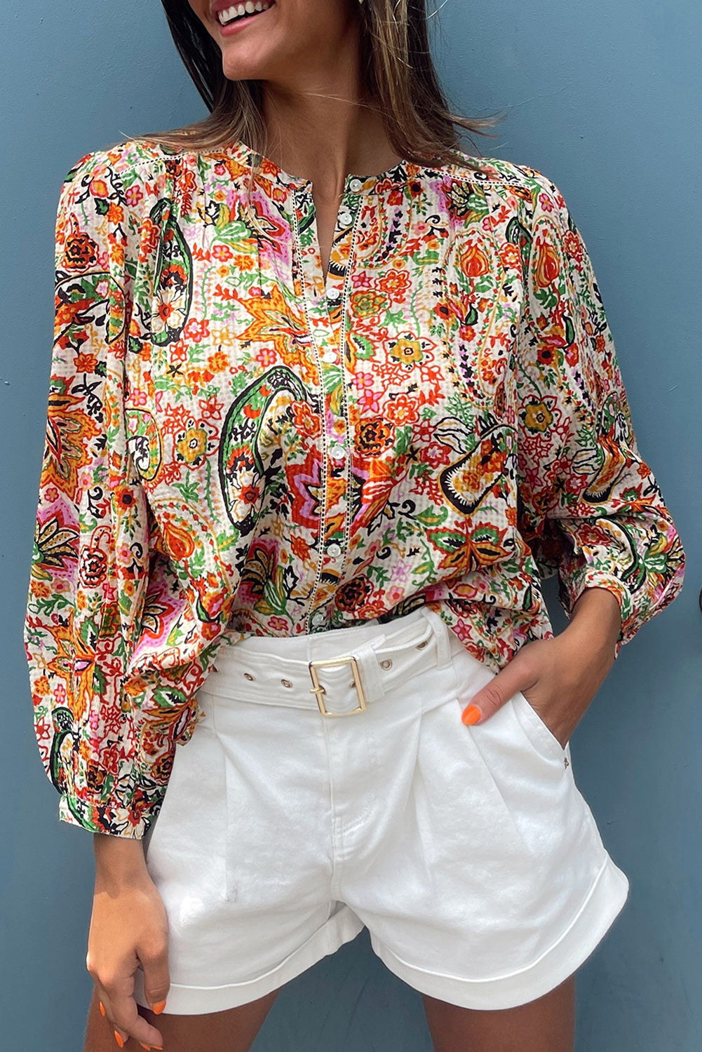 Multicolour Floral Print Lace Splicing Button up Puff Sleeve Shirt-0