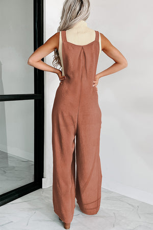 Gold Flame Textured Buttoned Straps Ruched Wide Leg Jumpsuit-7