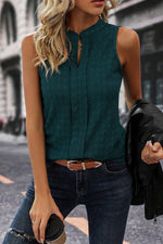 Sea Green Lattice Textured Split Neck Tank Top-3