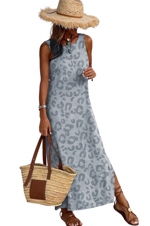 Gray Leopard Print Sleeveless Maxi Dress-5