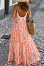 Orange Abstract Print Spaghetti Straps Backless Tiered Maxi Dress-1