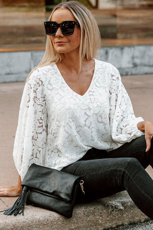 White Floral Lace Crochet Loose Fit V Neck Top-3