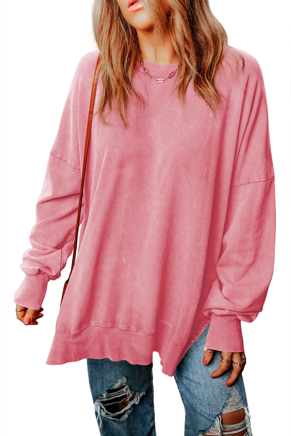 Pink Drop Shoulder Ribbed Trim Oversized Sweatshirt-11