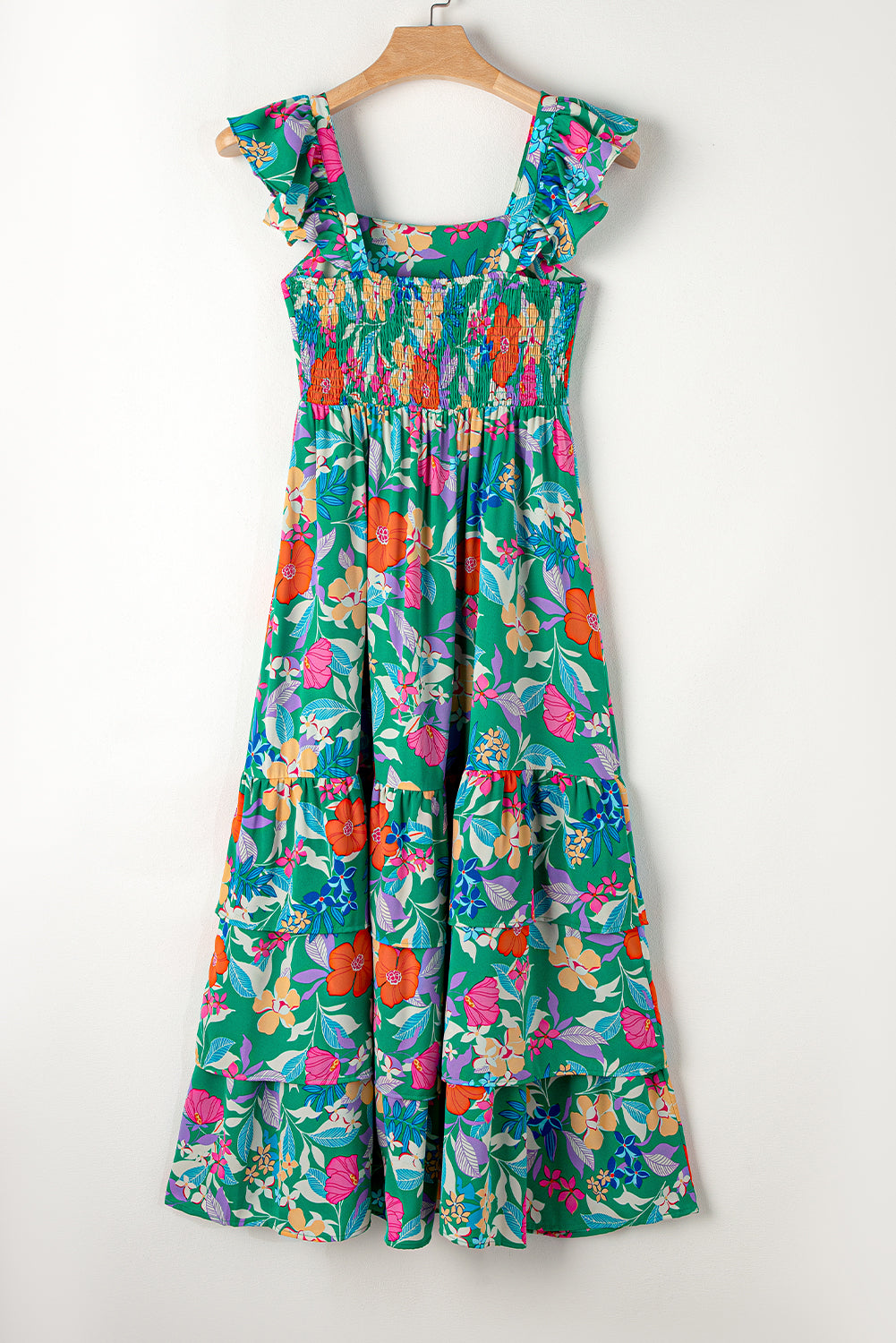 Green Floral Print Sleeveless Ruffle Tiered Maxi Dress-9