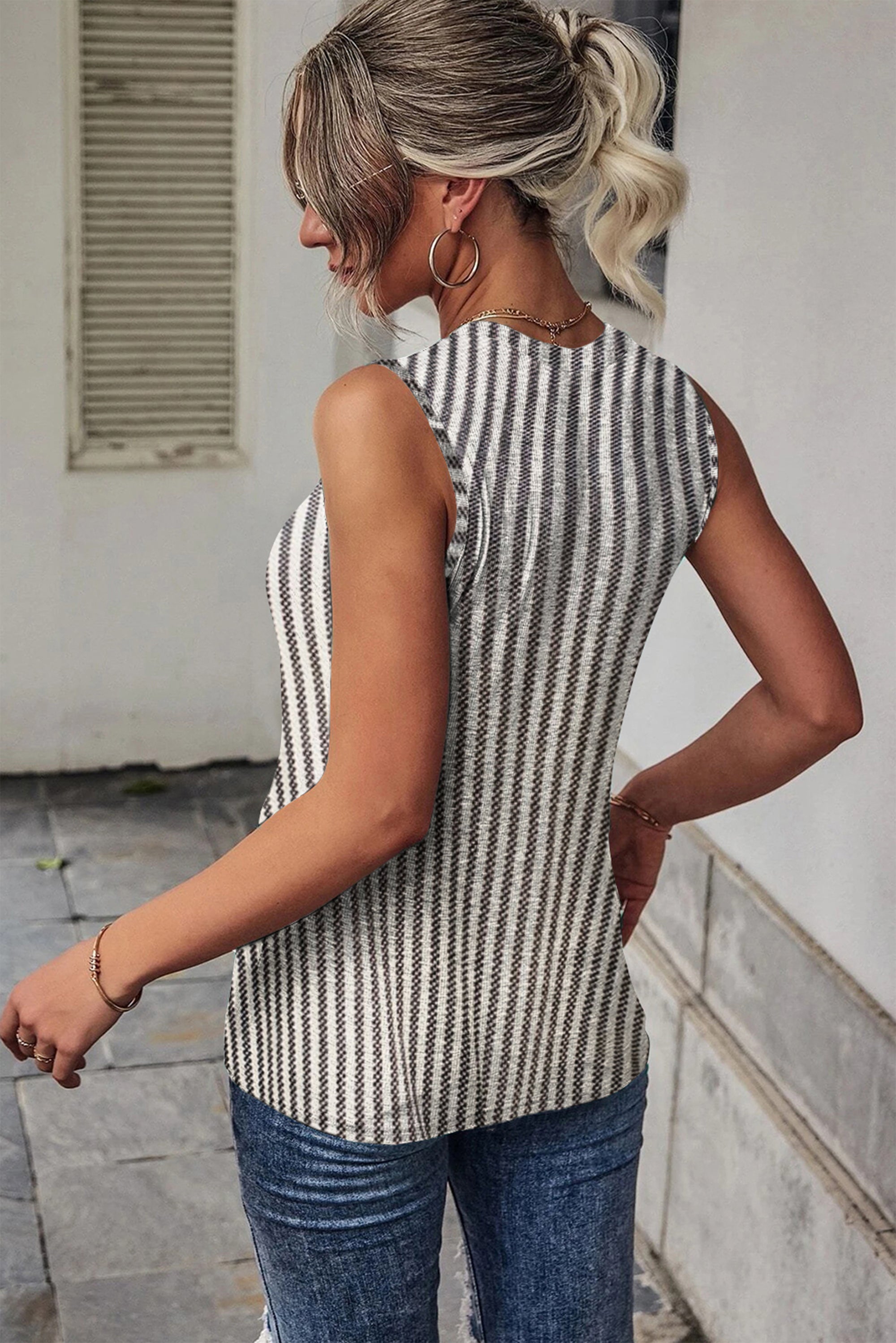 Gray Striped Cutout Twist Front Tank Top-1