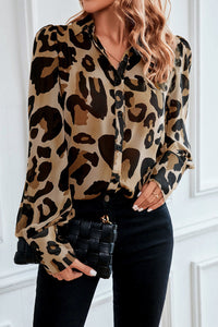 Leopard Bishop Sleeve Button up Turn Down Collar Shirt-0
