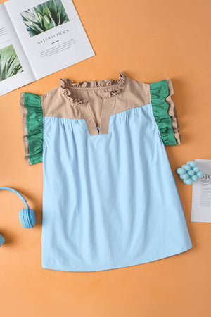 Mist Blue Colorblock Ruffled Sleeve Frill V Neck Blouse-6