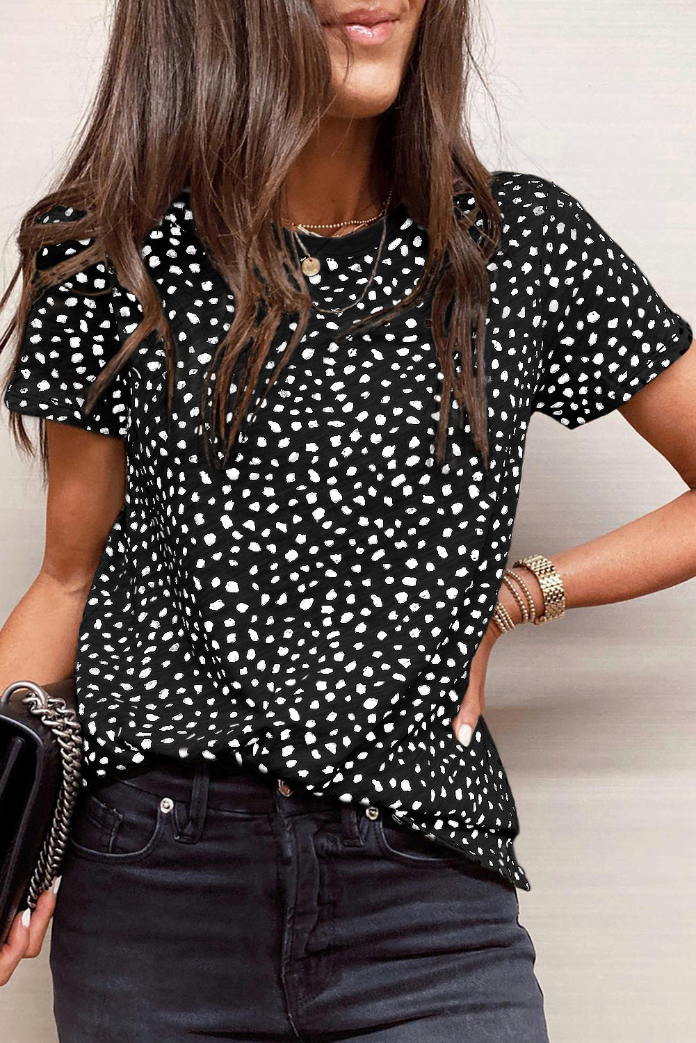 Black Cheetah Print O-neck Short Sleeve T Shirt-0