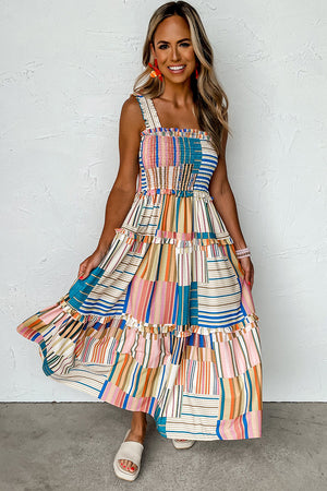 Khaki Mix Striped Wide Straps Smocked Tiered Maxi Dress-1
