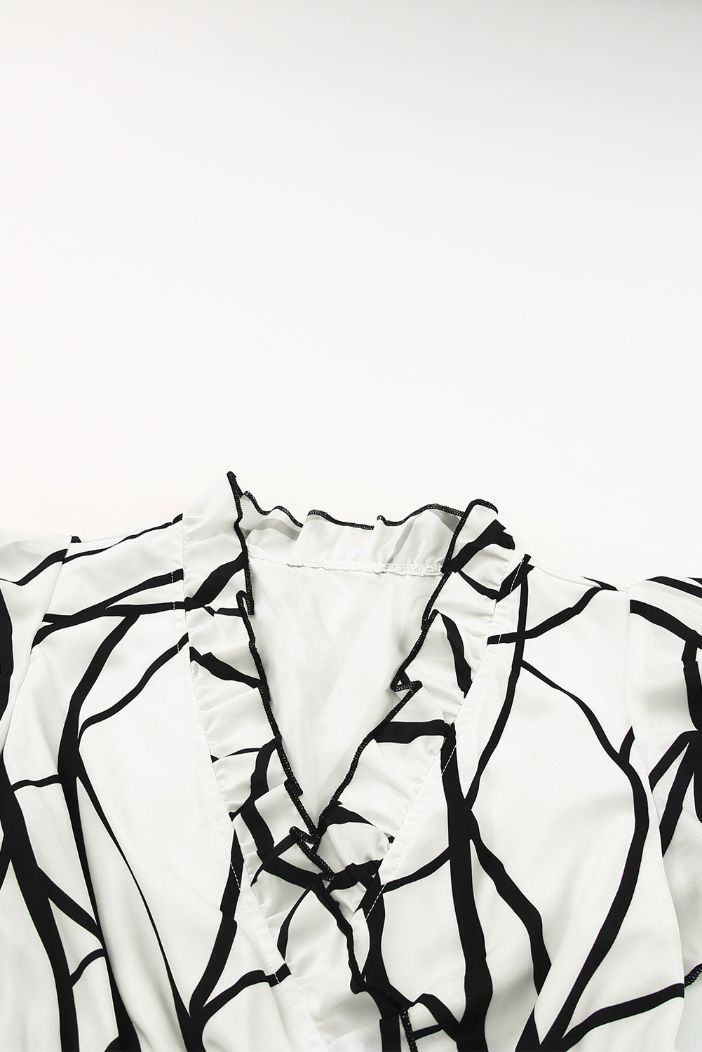 White Abstract Vein Print V Neck Ruffle Maxi Dress-12