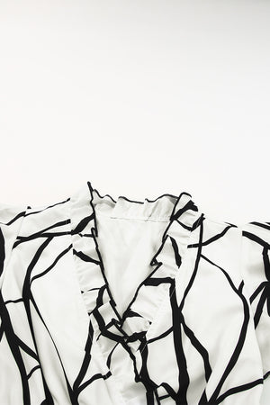 White Abstract Vein Print V Neck Ruffle Maxi Dress-12