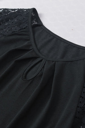 Black Contrast Lace Sleeve Keyhole Decor Top-8