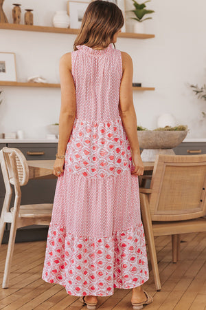 Pink Abstract Print Split Neck Sleeveless Maxi Dress-1