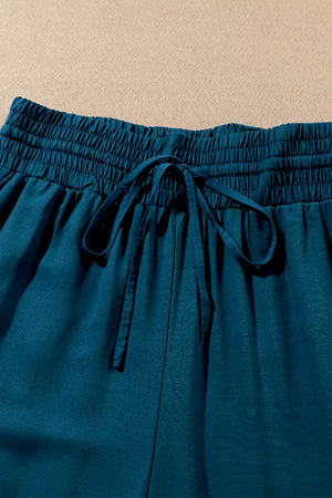 Blue Drawstring Elastic Waist Casual Wide Leg Pants-8