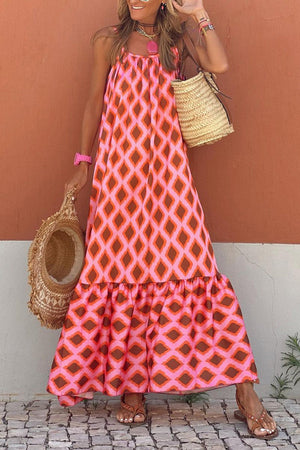 Red Geometric Print Loose Fit Sleeveless Maxi Dress-6