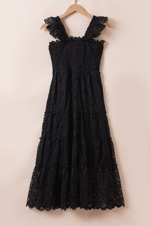 Black Lace Smocked Bodice Sleeveless Midi Dress-9