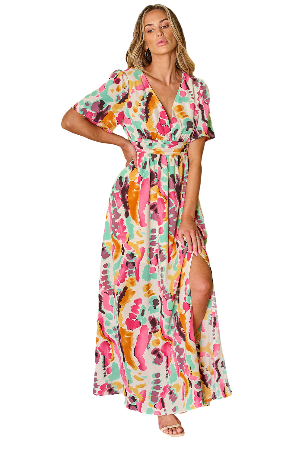 Pink Boho Tie-dye Print V Neck Maxi Dress-21