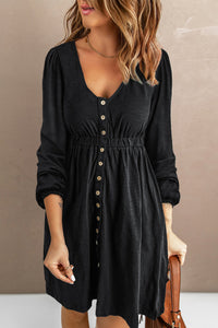Black Button Up High Waist Long Sleeve Dress-0