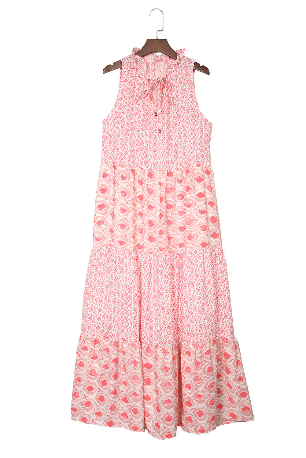 Pink Abstract Print Split Neck Sleeveless Maxi Dress-21