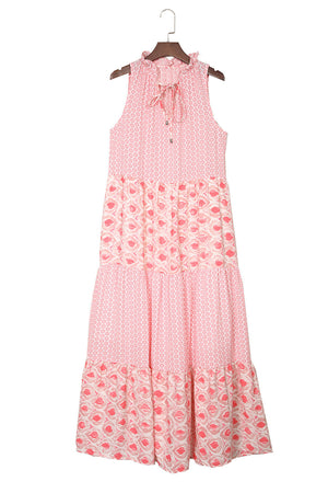Pink Abstract Print Split Neck Sleeveless Maxi Dress-21