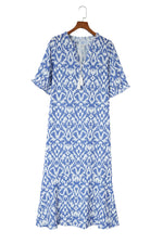 Sky Blue V Neck Casual Geometric Print Maxi Dress-15