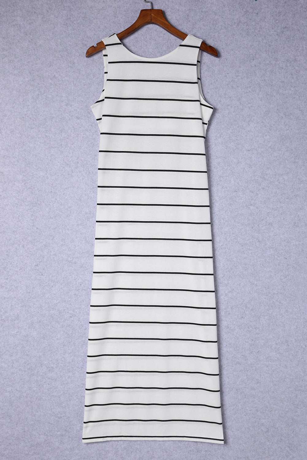 White Stripe Print Open Back Sleeveless Maxi Dress with Slits-5