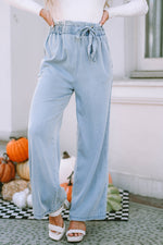 Sky Blue High Waist Pocketed Wide Leg Tencel Jeans-0