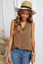 Brown Swiss Dot Lace Stitching V Neck Tank Top-6