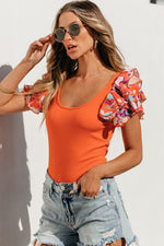 Orange Ribbed Knit Tiered Ruffled Sleeve Bodysuit-10