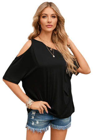 Black Solid Asymmetrical Neck Loose Casual T-Shirt-12